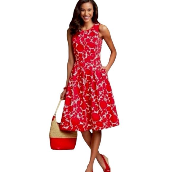 Talbots Fit Flare Dress Pleated Sleeveless Red White Floral Women’s Plus Size 14 - Picture 1 of 12